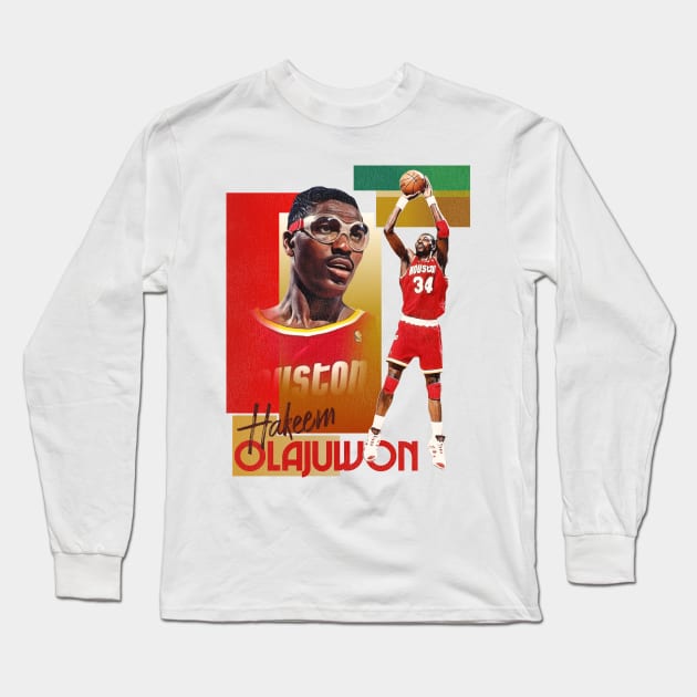 Retro Hakeem Olajuwon Basketball Card Long Sleeve T-Shirt by Defunctland